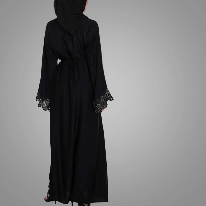 Hot Sell Moroccan Style Black Front Open Abaya Fashion Lace Long Sleeve Islamic Women Clothing Kimono Style Muslim Abaya
