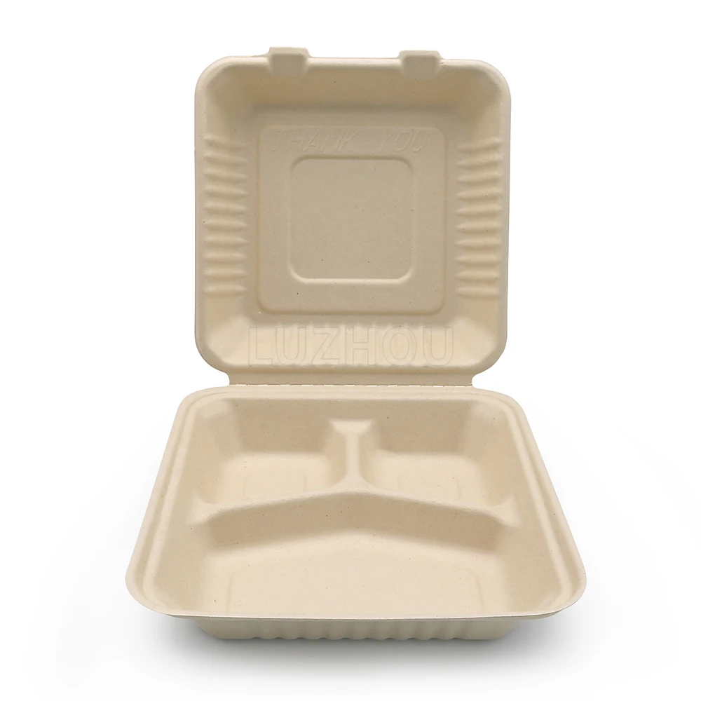 9 inch Bagasse Sugarcane 3 Compartments Lunch Box Biodegradable Compostable Food Containers With Certificates