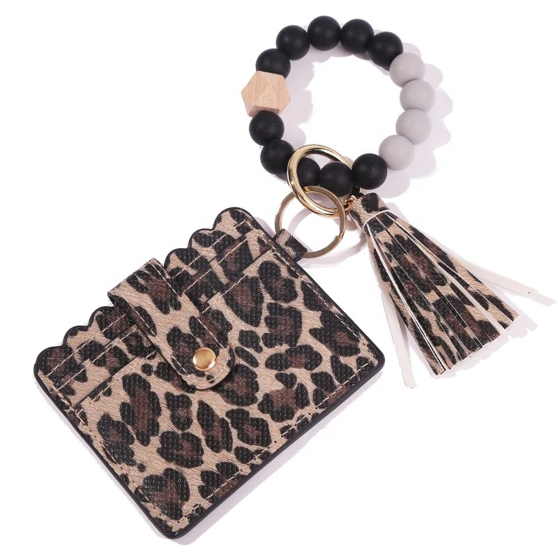 Hot Sell Leopard Silicone Beads Bracelet With Tassel ID Credit Cards Holder Keychain Wallet business card holders
