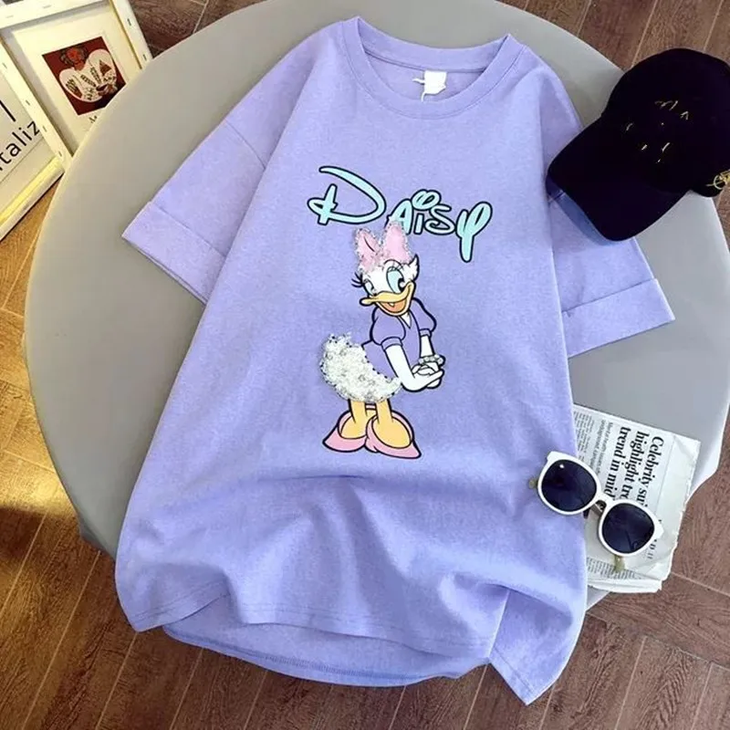 Новая модель 2021, Высококачественная футболка для девочек с мультяшным утенком и жемчугом, футболки из 100% хлопка с графическим рисунком, футболка для девочек с мультяшным рисунком