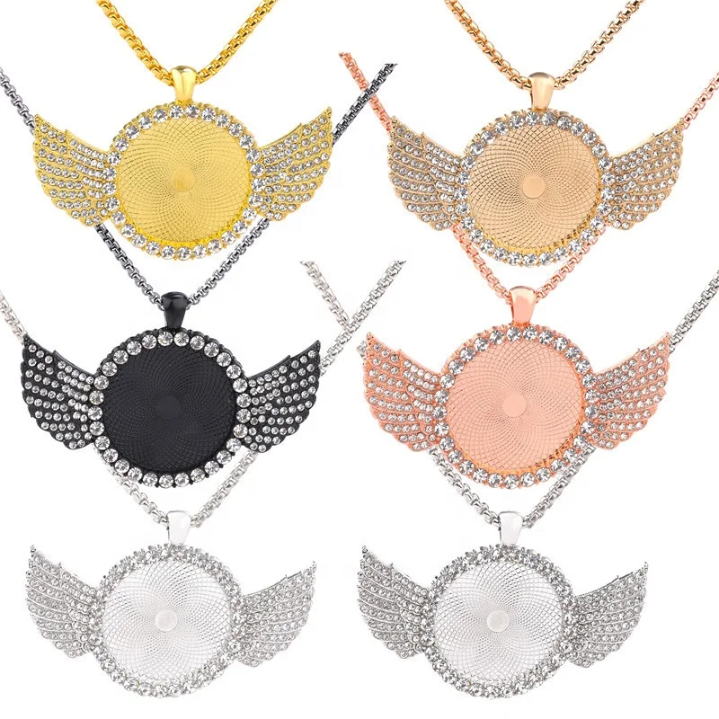 
30mm Angel Wing Fashion Circles Cameo Cabochon Crystal Pendant Necklace Base For Glass Sublimation Jewelry 