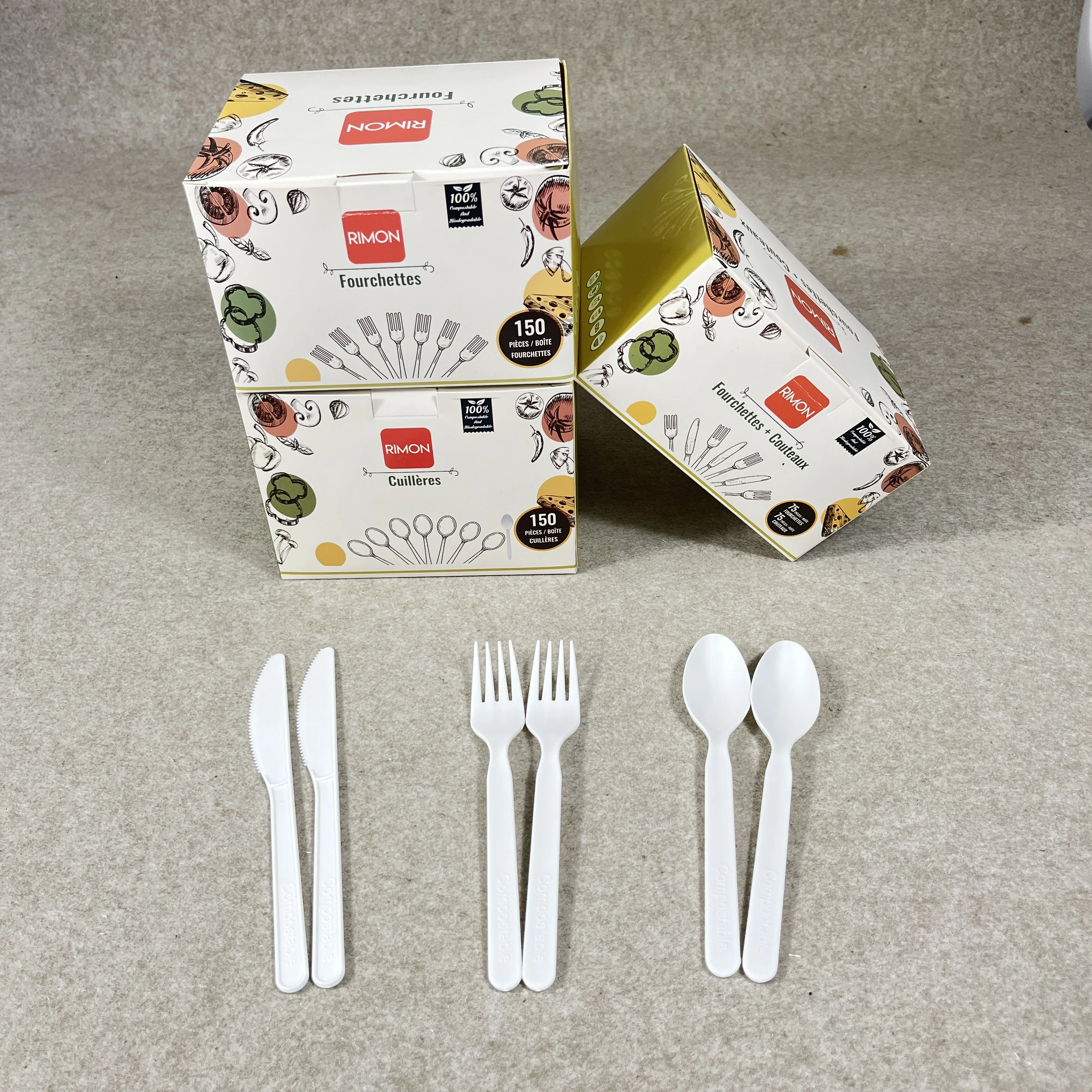 100% Compostable Plastic Free CPLA Cutlery Set OEM Packing Disposable Knife Fork Spoon