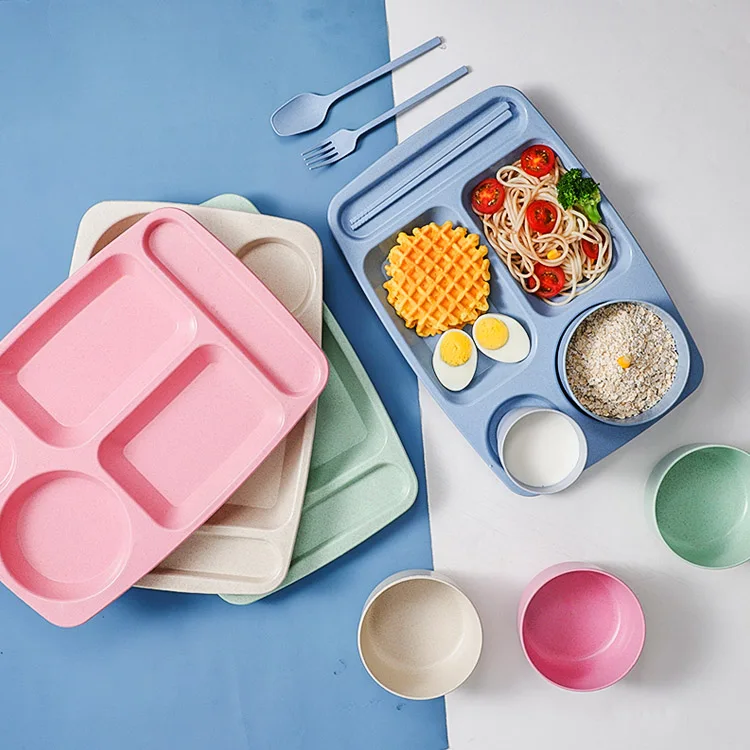 Lightweight Fiber Wheat Straw Plates Bowls Cutlery Set Dinnerware, Microwave and Dishwasher Safe Plastic Tableware Set for Kids