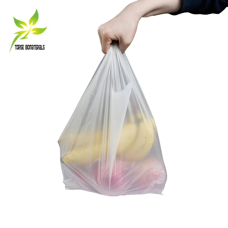 BSCI certified factory white biodegradable vest bags on roll with logo cornstarch t-shirt bags compostable