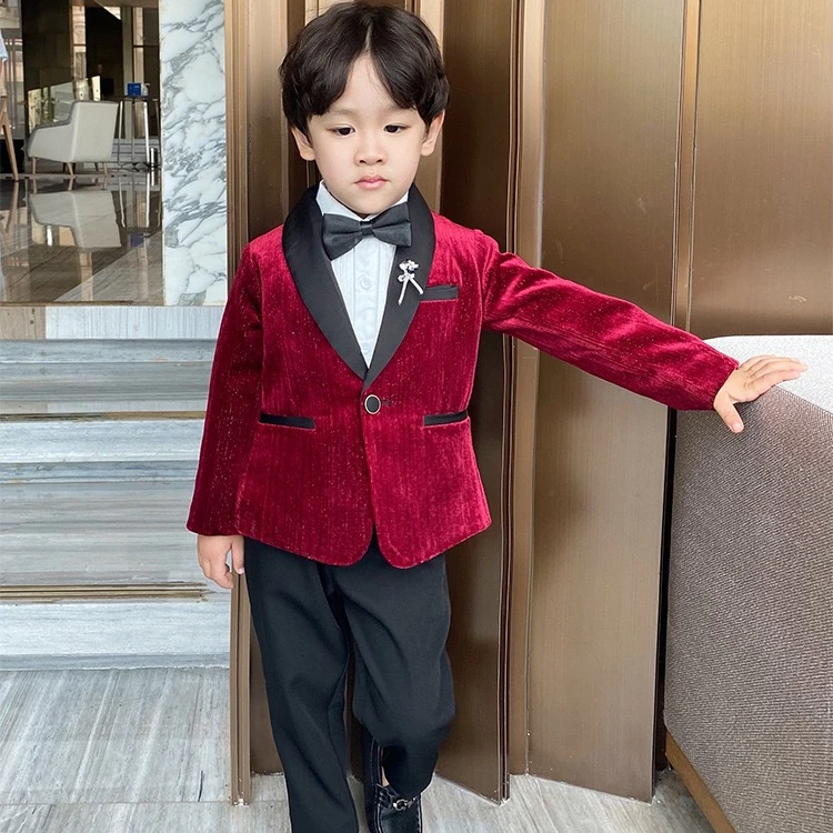NIMBLE Velvet Red Shawl Collar Boys Formal Wedding Dress Suits Blazers Kids Designers Clothes 3 Pieces Gentleman Jact Clothing