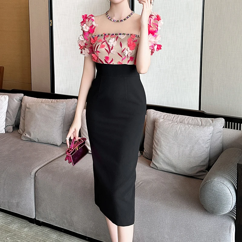 ZYHT 50677 Pink Mesh Ruched 3D Flower Sleeve Lace Stitching French Dress Perspective Split Tight Pencil Dress