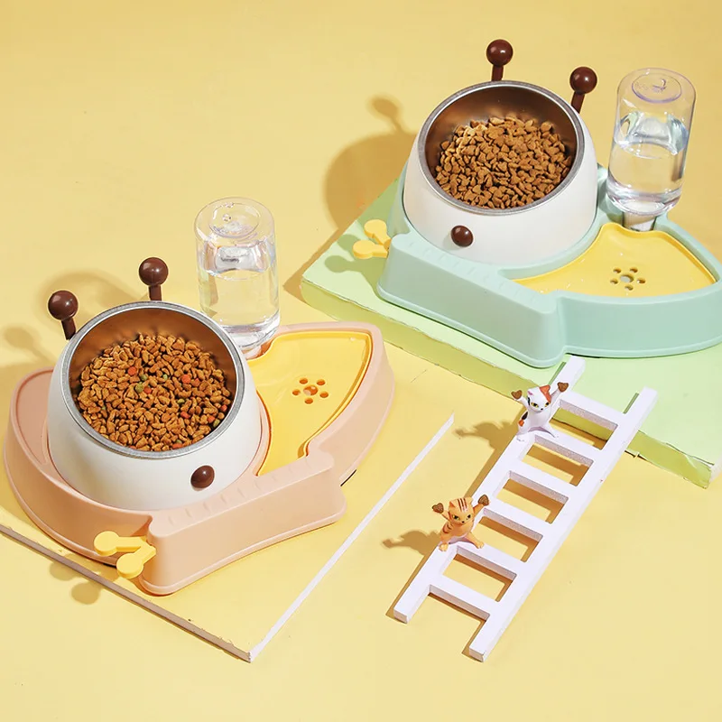 Stainless Steel Automatic Cat Feeding Double Bowl Cute Bee Shaped Tilted Cat Bowl For Cat And Dog