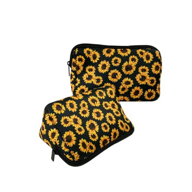 Women Neoprene Insulation Sunflower Print Plaid Stock Makeup Bags Cosmetic Bags