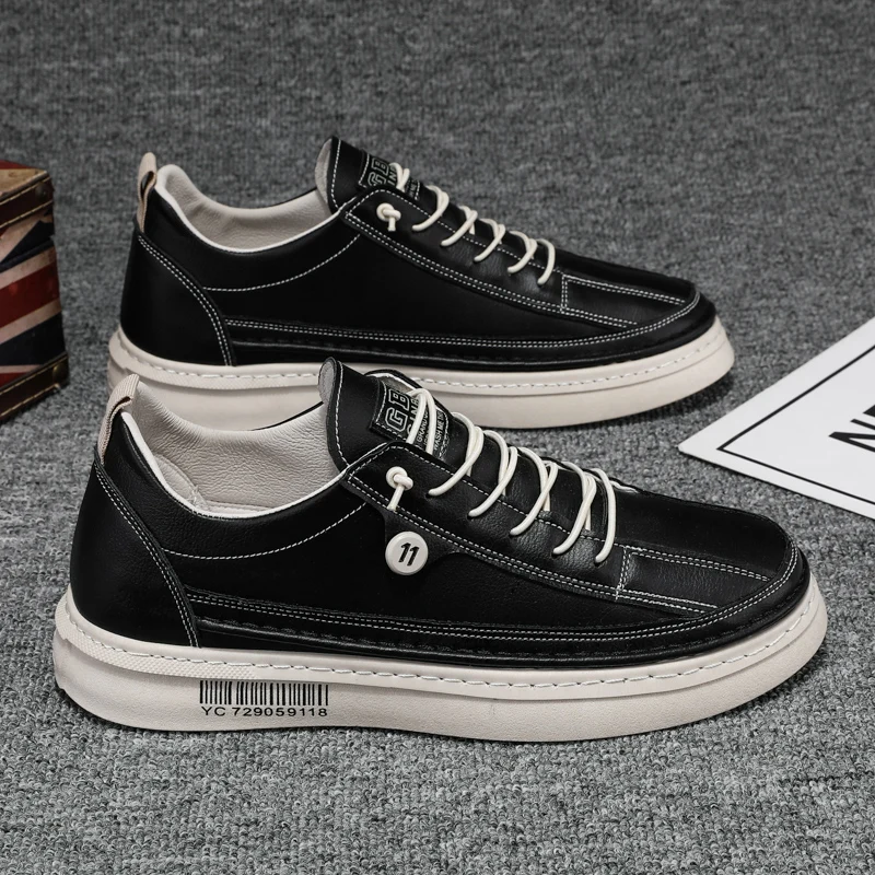 Global Sales Haute Couture Fashion Design Pigskin Black Color Men Sneakers  Fitness Walking Style Casual Shoes