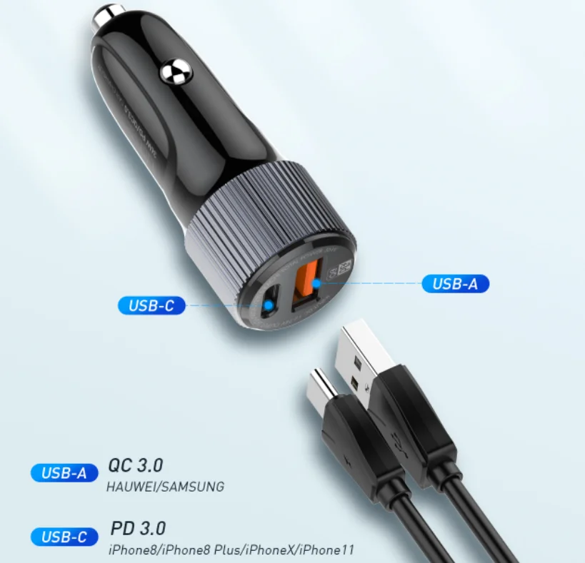 LDNIO C510Q PD+QC3.0 Quick Dual Port USB Car Charger With Type C Port Fast car Charger With Micro Cable 36W car charger adapter