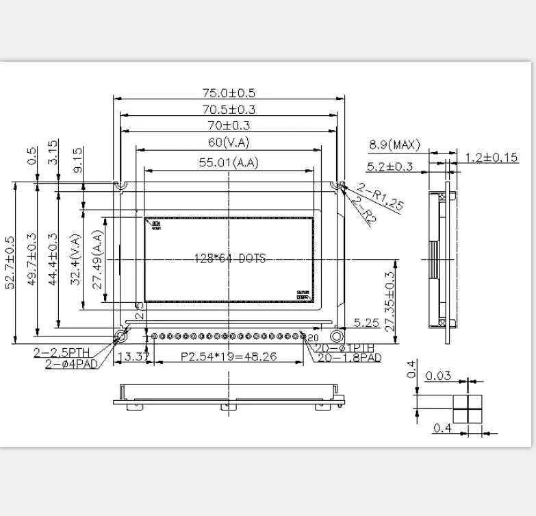 China factory 2.4 inch 128x64 graphic lcd display 20 pin 8 bit Parallel 5.0V Blue LCD12864