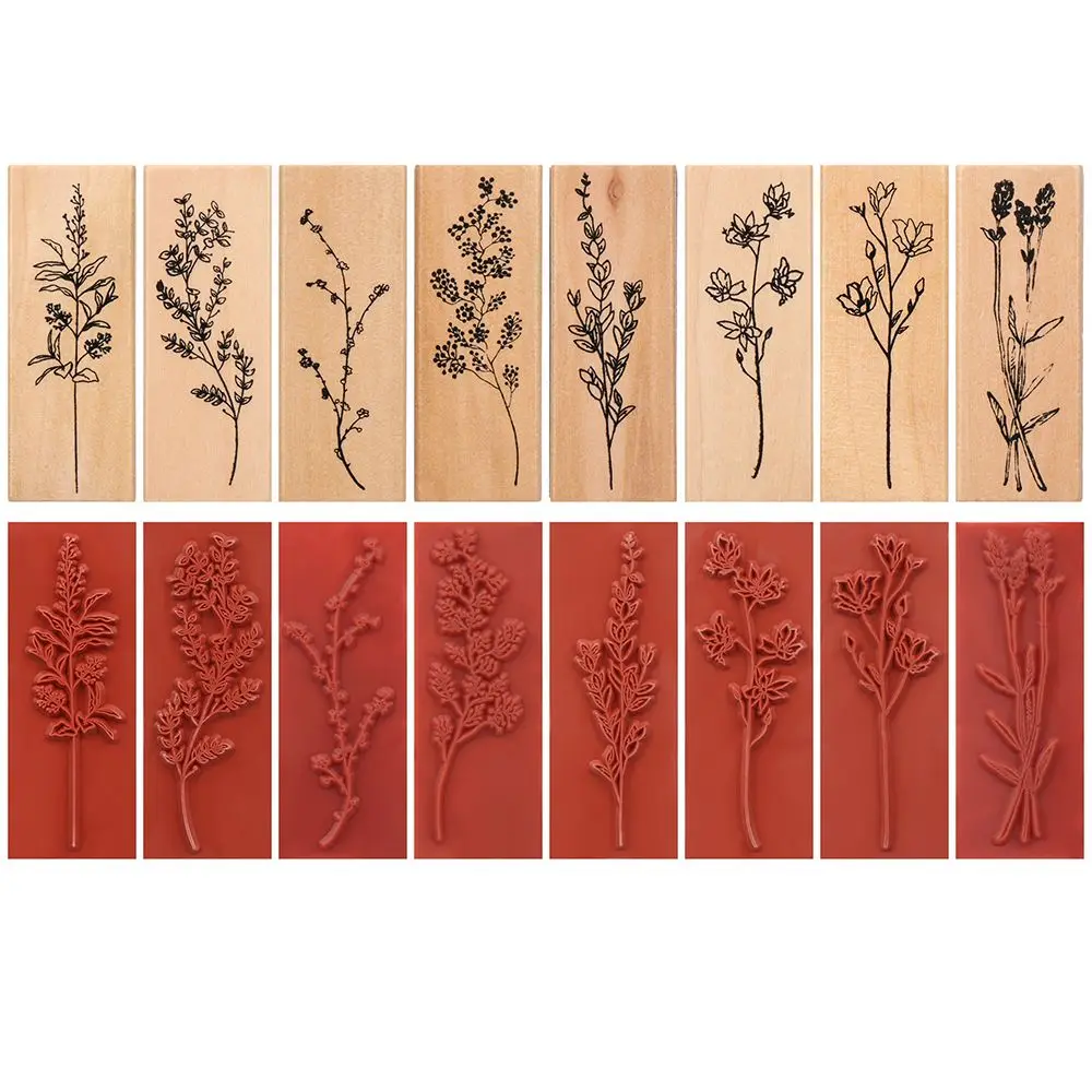 Vintage Wooden Rubber Stamps Sets Plant and Flower Decorative Rubber Wooden Stamps for Card Making, DIY Craft, Scrapbooking