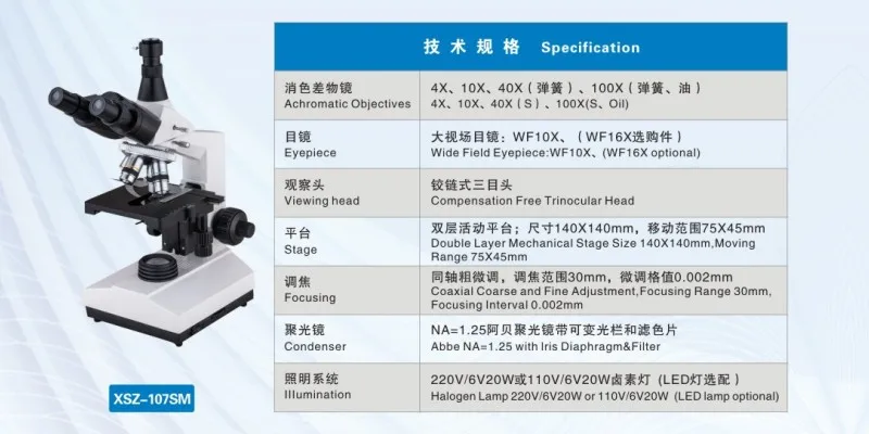 Halogen lamp binocular 1000x biological microscope XSZ-107 SM