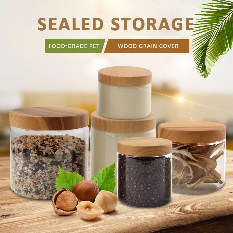Wood grain lid transparent  candy bottle Jam food jars plastic storage  Nut bottle honey jars