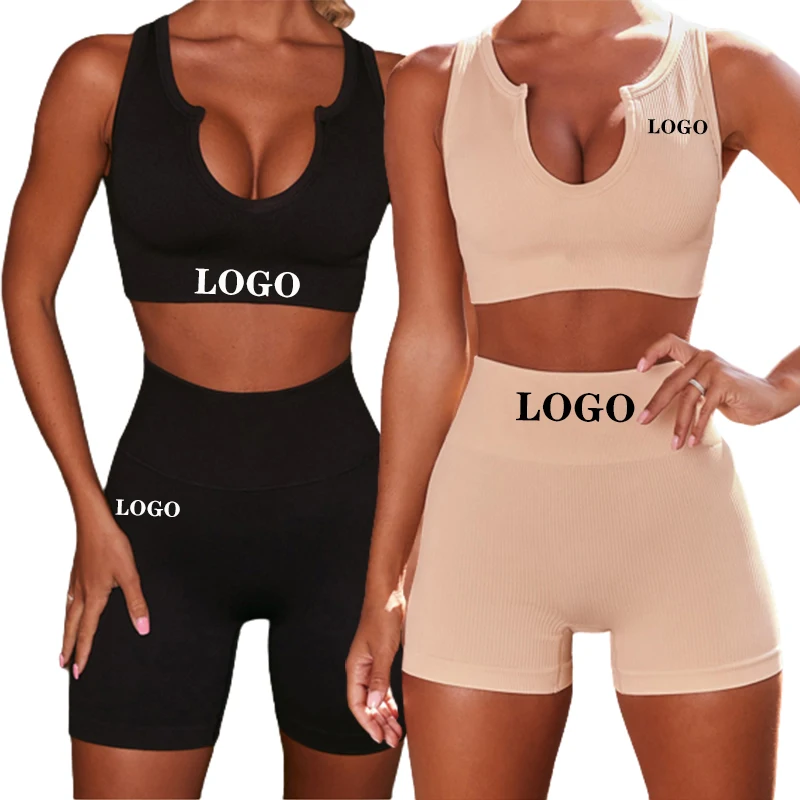 Custom Logo Clothing Bra And Yoga Short Logo Sets Two Piece Workout Gym Set Women Fitness Sportswear Ribbed Activewear
