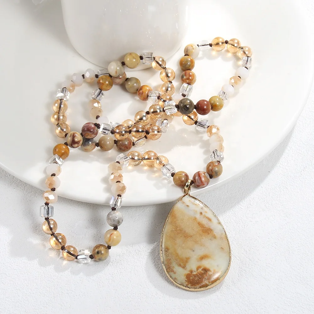 Summer New Fashion Bohemian Women Jewelry 8mm Natural Stone Crystal Glass Knot  Drop Stone Pendant Amazonite Necklace