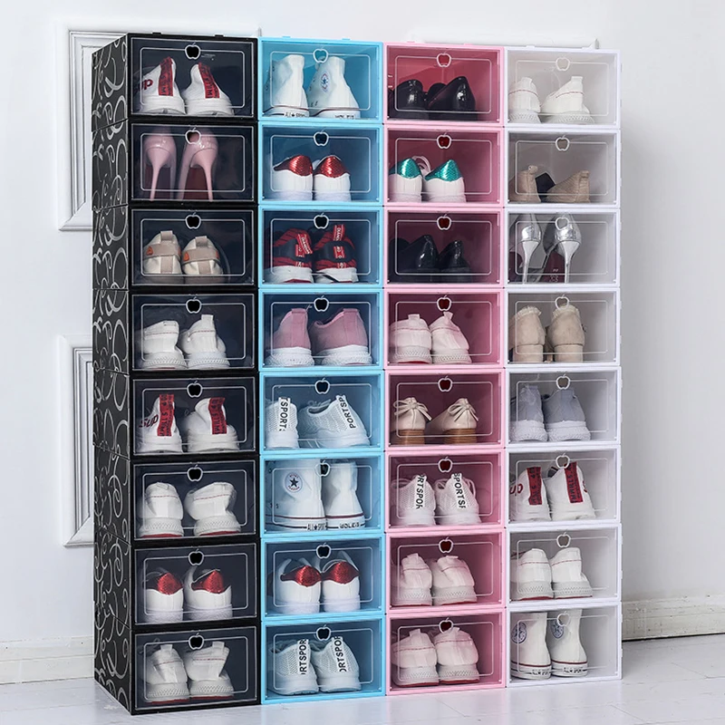 Foldable transparent shoe box plastic storage drop front sneakers clear stackable organizer