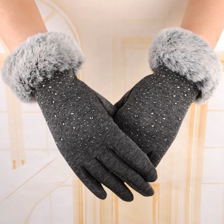 Plus velvet winter Girl rhinestone full finger gloves