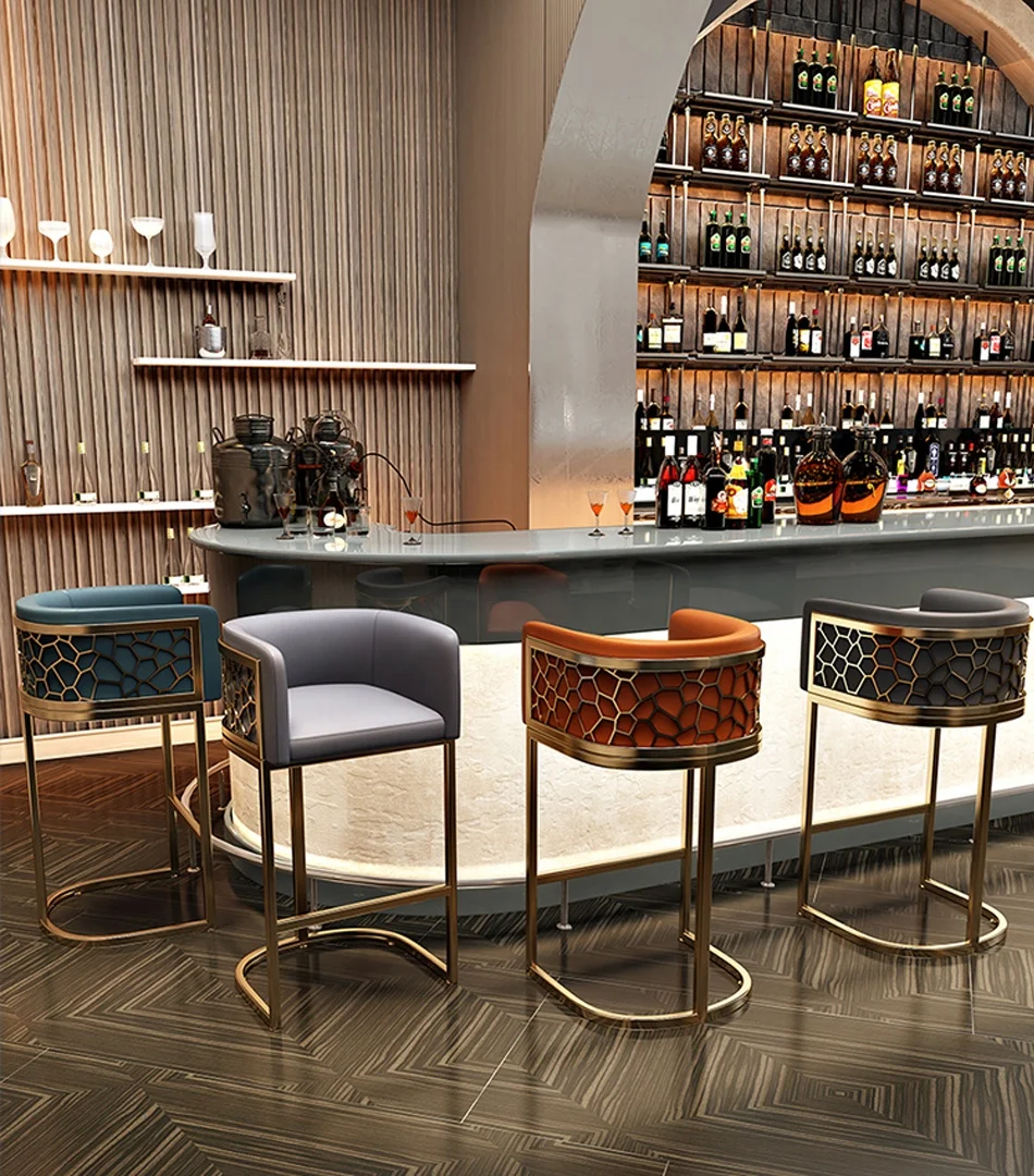 Modern home bar chair luxury gold metal bar height stools stainless steel frame upholstered bar stool with honeycomb backrest