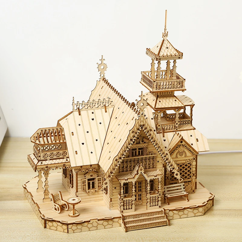 Retro Villa Castle Shaped Wood Crafts Ornaments 3D Wooden Jigsaw Puzzles DIY Handmade Assemble Cottage House Building Model Kit