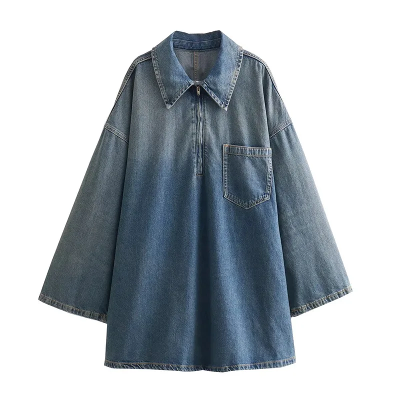 Fashion 2024 autumn women boutique clothing jeans women dresses long sleeve pocket design loose denim dress for girls