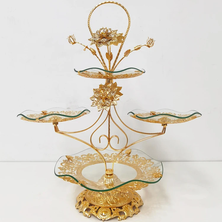 Home Decoration European Style Luxury Metal Fruit Tray Gold Glass 3 Tiers Cake Desert Fruit Dishes Plate for Party
