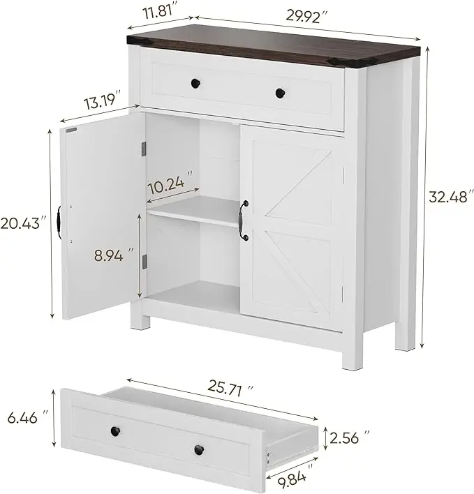 Farmhouse Barn Door Storage Cabinet with Adjustable Shelf - Multifunctional Kitchen and Bathroom Storage Solution