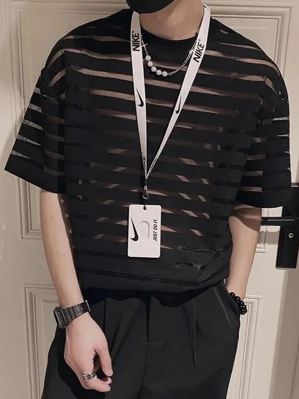 Men Clothing Streetwear Sexy Korean Fashion Tee Tops Transparent Striped Mesh T-shirt Homme