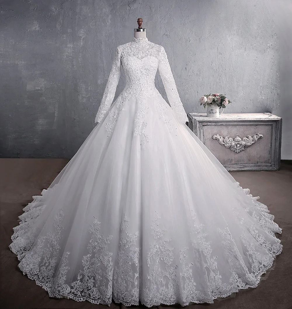 Lace Stand Collar With Large Tail Muslim Wedding Dress Bridal Gowns Elegant Muslims Wedding Gowns Modest Wedding Dress