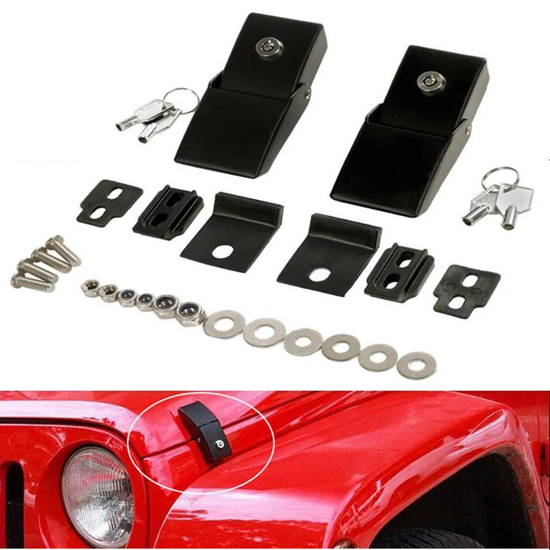 Car Accessories Stainless Hard Hood Lock Assembly Locking Hood Catch Kit Black FOR 2007-2018 Jeep Wrangler JK & Unlimited