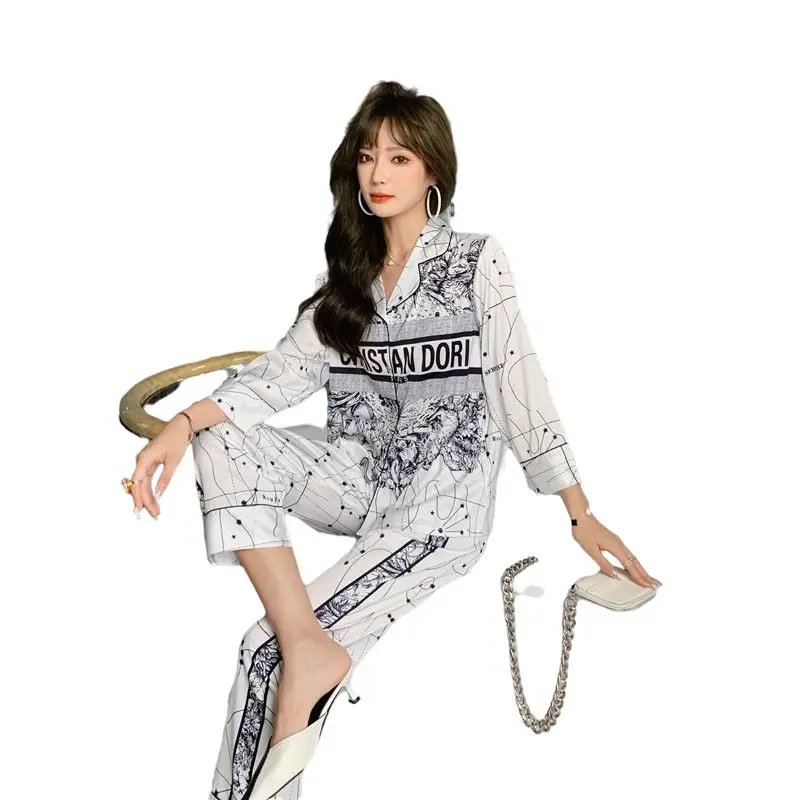 Match Wedding Female Fashionable Elegant Long-sleeved Trousers Home Wear Silk Pajamas For Family White