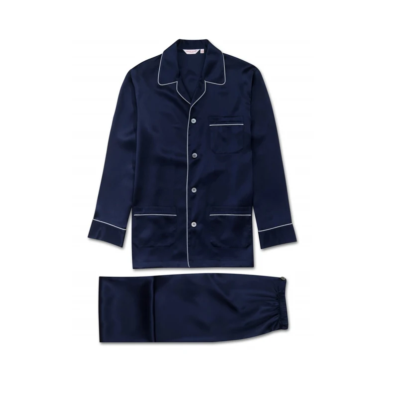 
MGOO OEM Plain Pattern Light Weight Silk Cotton Navy Men Pyjama Sleepwear Pajama with Pockets 
