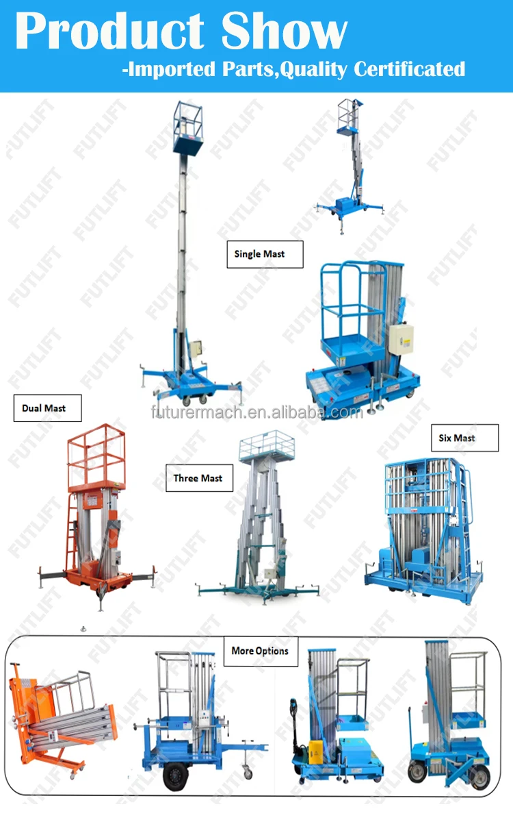 CE certificated small 4m 12m 22m electric hydraulic aluminum lift single mast platform man lift