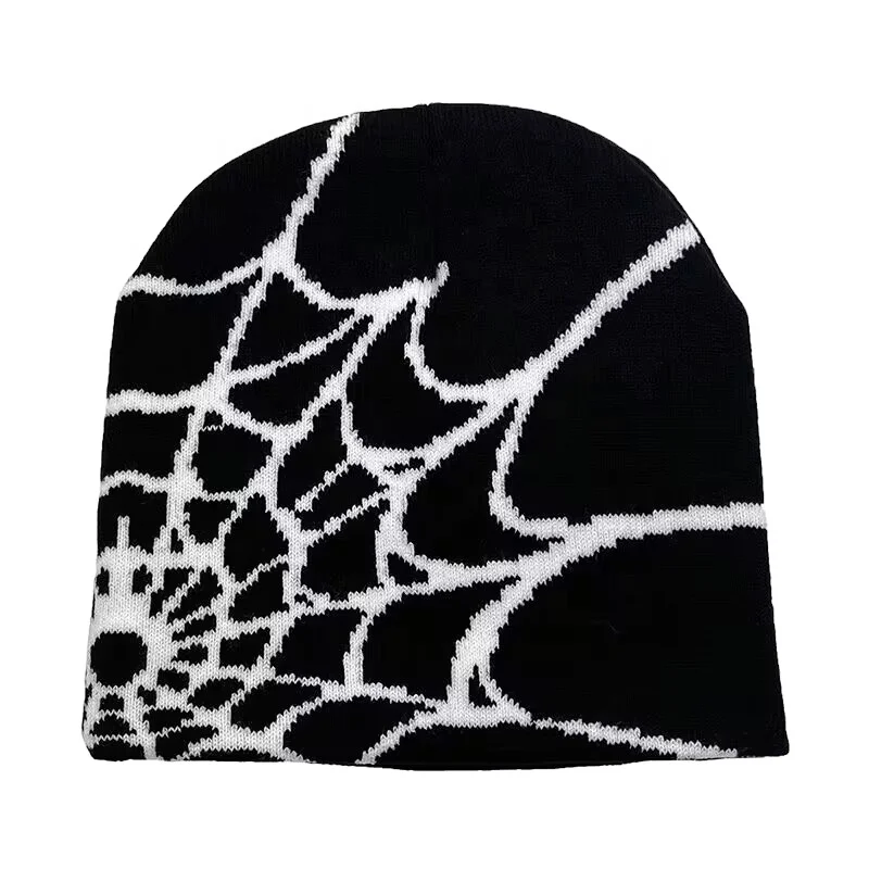 Spider Web Pattern Beanie Gothic Acrylic Knitted Hat Casual Streetwear Outdoor Beanies for Men