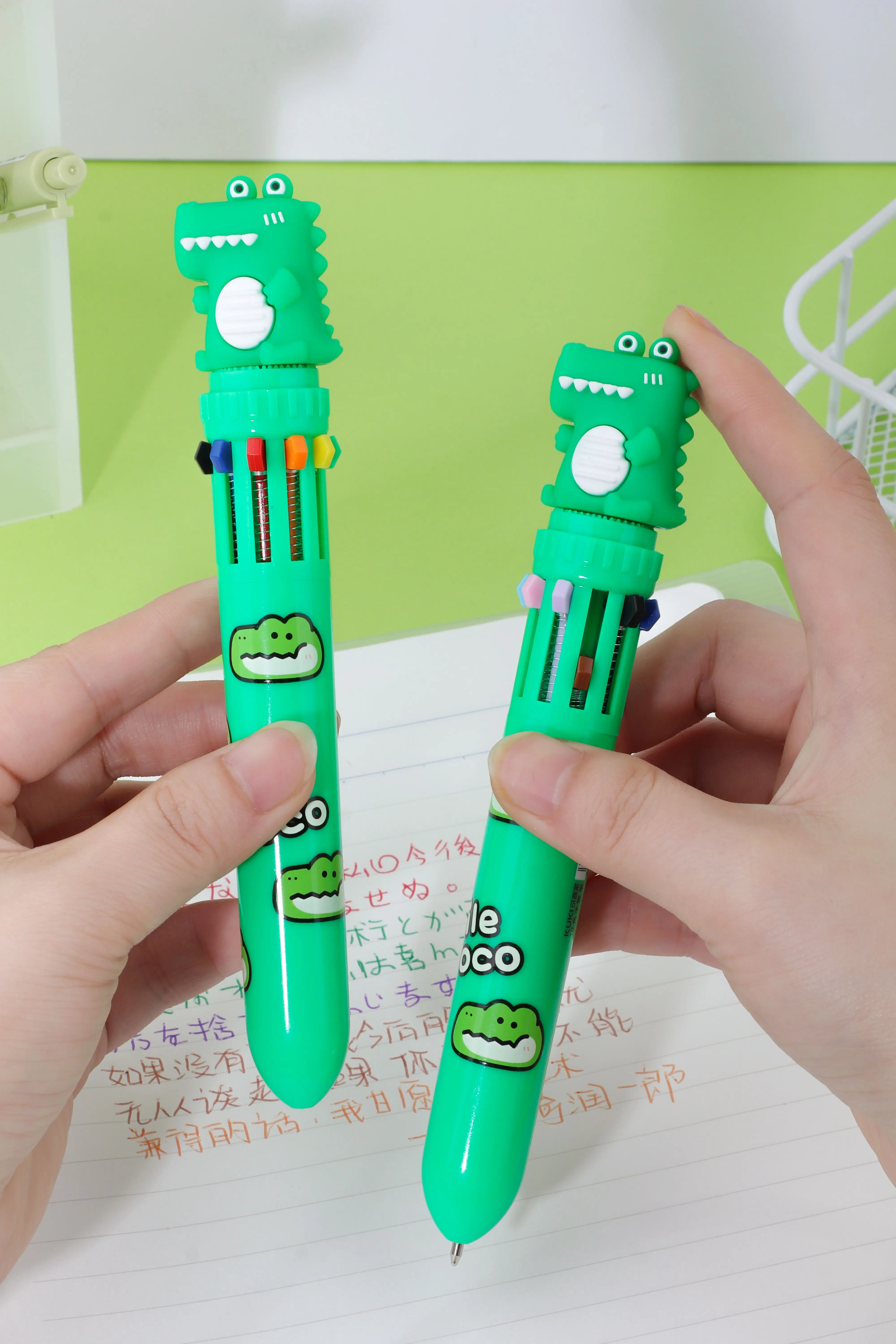 Kids kawaii cartoon green cute crocodile plastic multi 10 color ballpoint pen