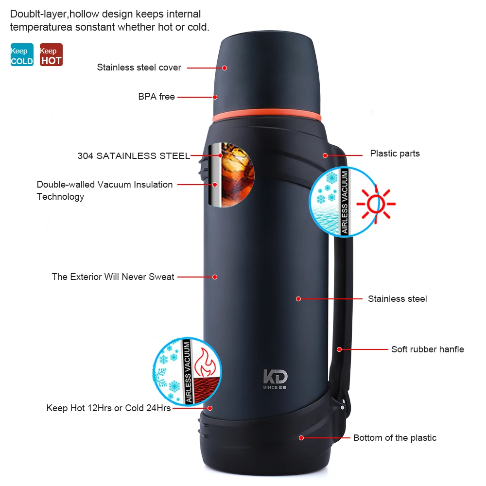 2.0L 2.5L Wholesale Double Walled Stainless Steel Insulated Thermos Flask Vacuum Bottle Travel Pot