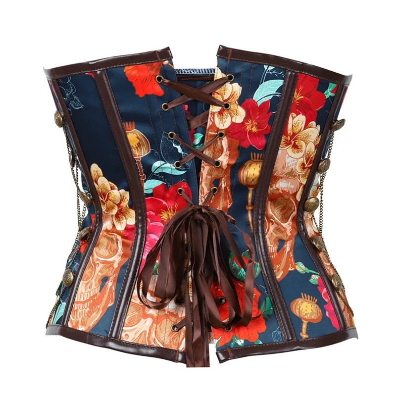 Steampunk Corsets Flower Printed Corset Vintage Bustier Tops Chains Decorated Bone Corselet Party Shows Cosplay Costume