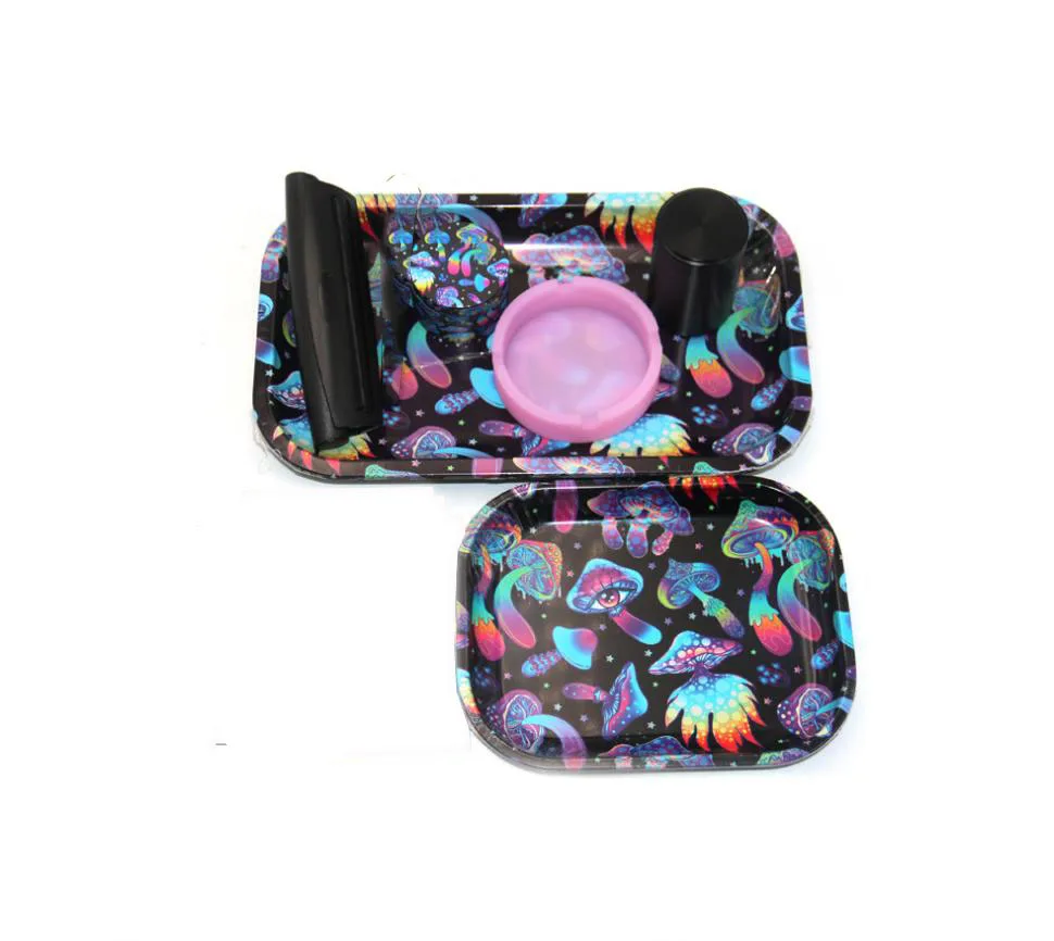 Wholesale new design portable premium smoking accessories 6 in 1 mushroom rolling tray herb smoking set