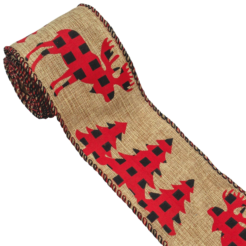 Gordon Ribbons Custom Burlap Ribbon Roll Natural Color For Crafts Wrapping Christmas Jute Ribbon Printed Snowman with Wired Edge