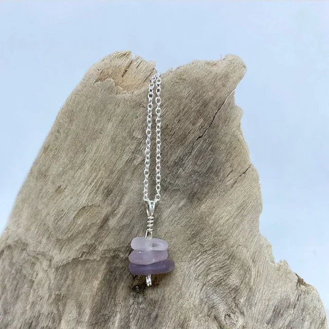 LAVENDER 3 SEASTACK SEAGLASS on a SILVER CHAIN