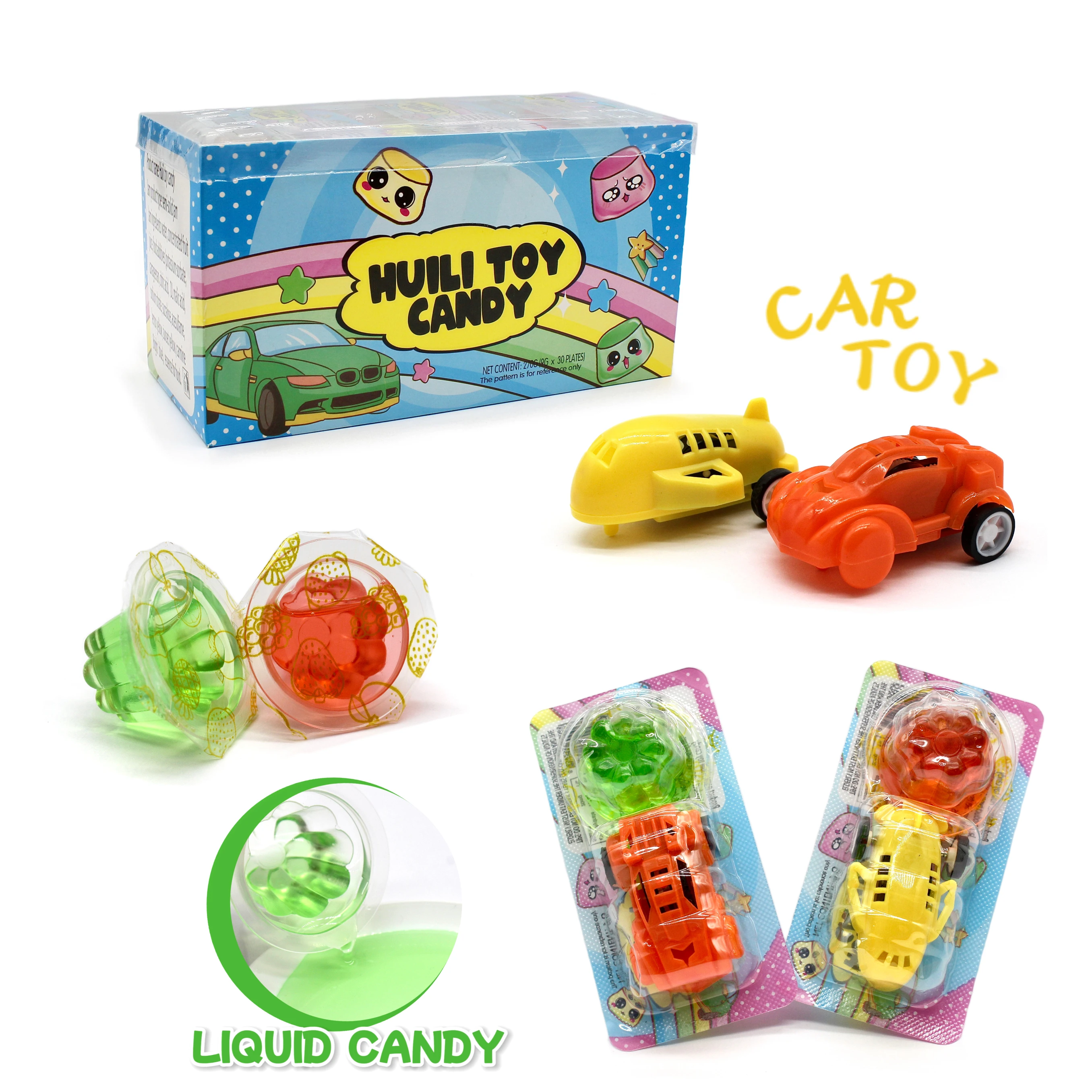 Fruit-flavored liquid candy and car toys