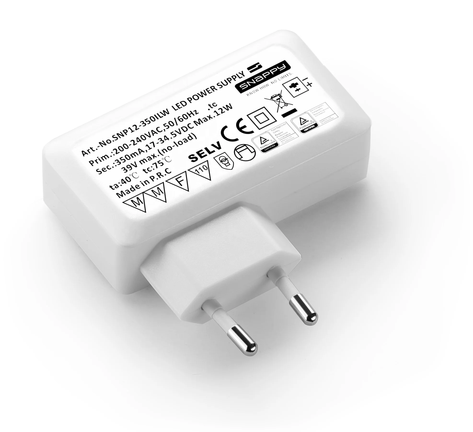 SNP12-350ILW Input 200-240VAC Output 12W 350mA 500mA 700mA  IP20 plastic case CC Plug-in LED Driver for Led lighting