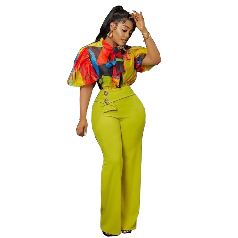 Casual 2 Pieces Sets Women Outfits Chiffon Tops Knit Pants Set Office Fashion Print Bow Top Trousers Suit Two Piece Outfit 2023