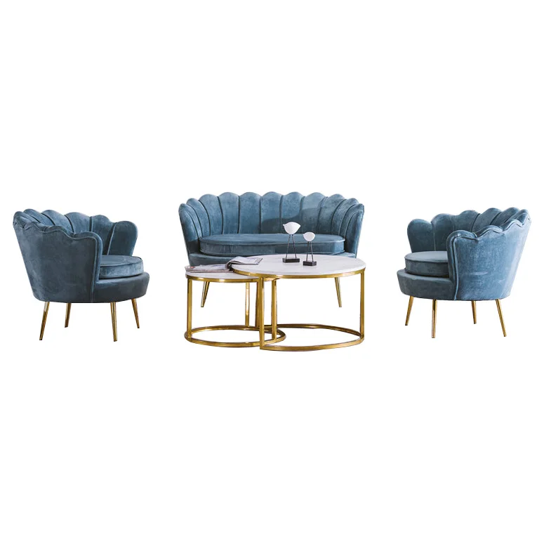 New Design Luxury Blue Velvet Accent Chair U Shaped Sofa Chair for Home Hotel Restaurant