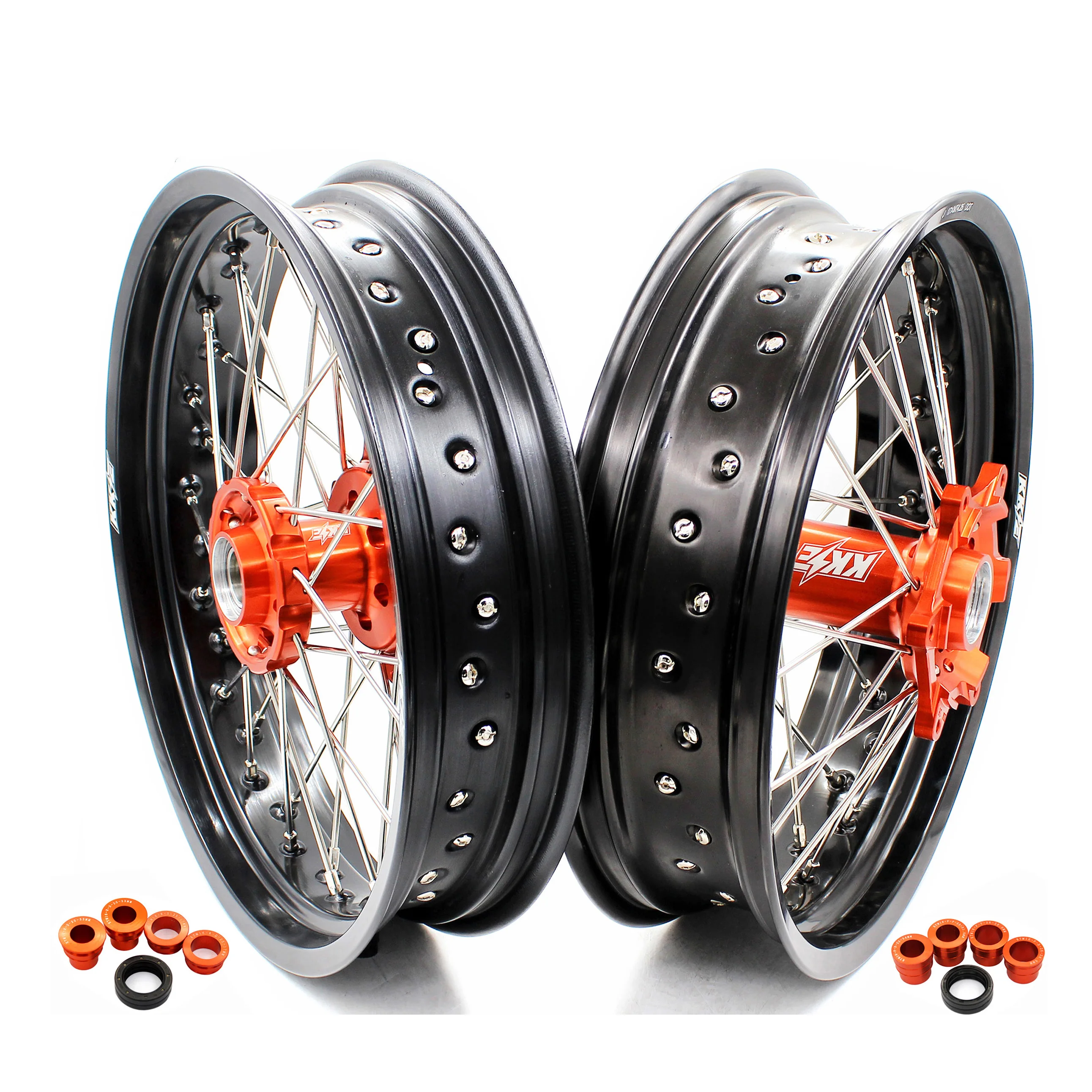 KKE 17 inch Supermoto Wheels Rims Set Compatible with KTM 125 250 450 530cc EXC SXF 2003-2022 Orange Hub Black Rim