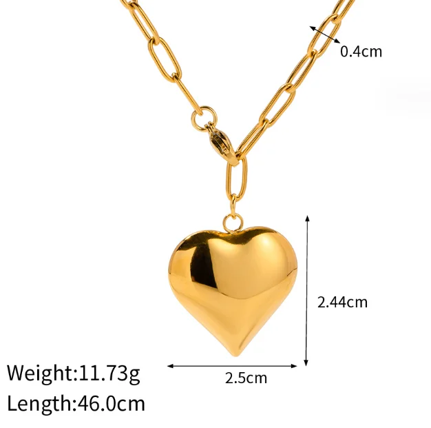 ERESI PVD Gold Plated Stainless Steel Chunky Heart Shape Pendant Necklace Beaded Chain Necklace Chain Fashion Jewelry for Women