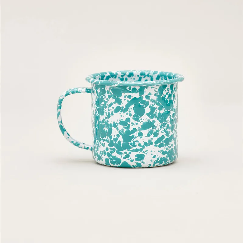 Wholesale novelty new design half speckled splash colored cast iron metal printed enamel coffee cup mugs