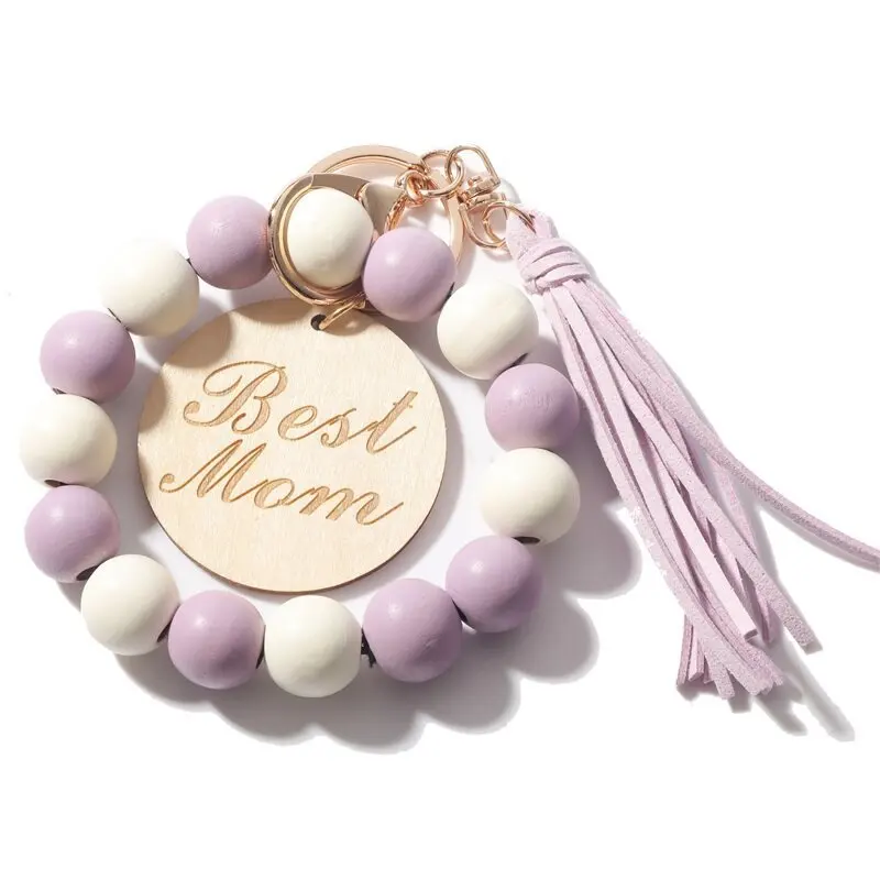 Spot Leopard Wood Bead Bracelet Elastic Rope Keychain Hand Tassel Carved Disc Bracelet Keychain