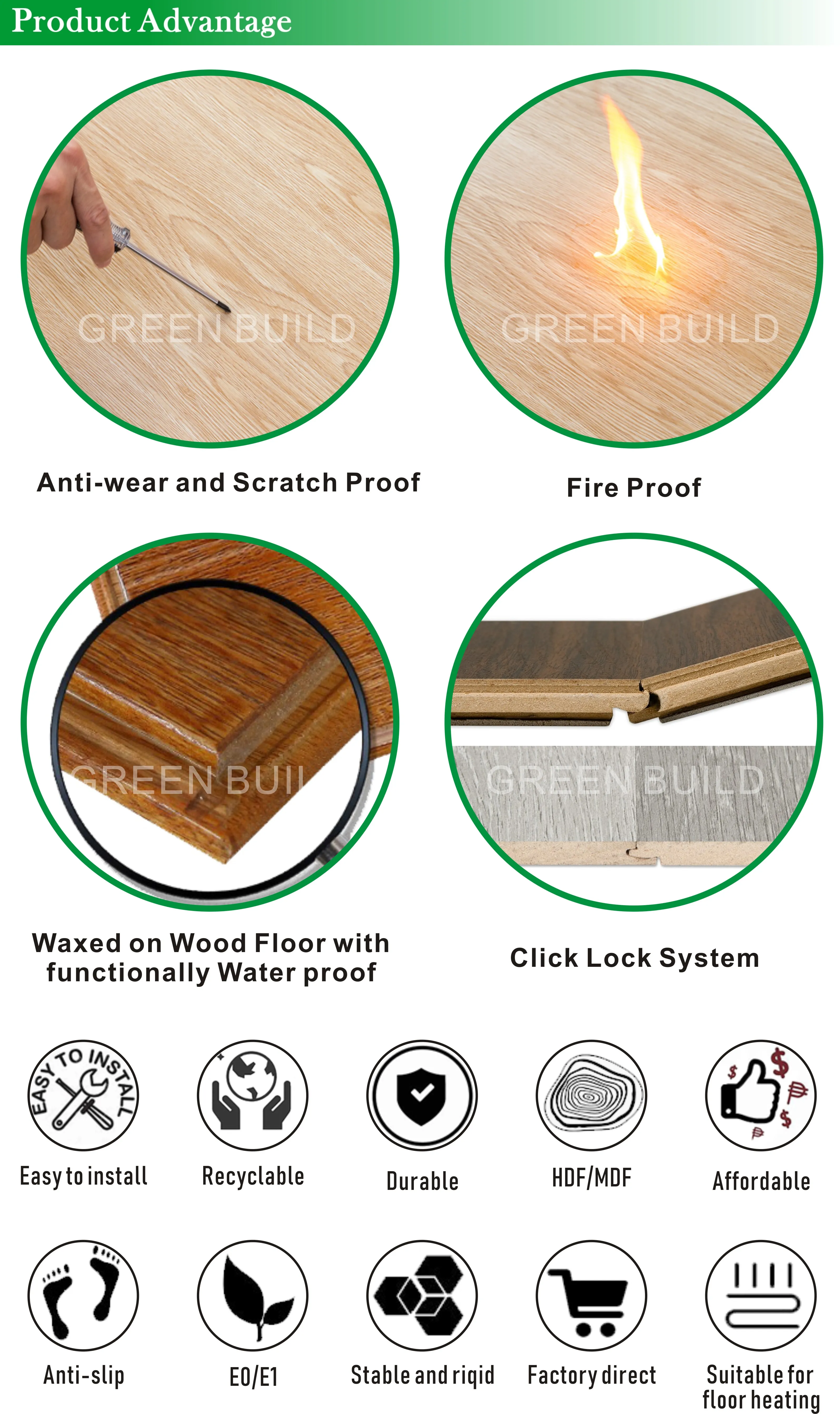 Floating 8-12mm HDF Class32 Waxed Waterproof Oak Wood Laminate Flooring