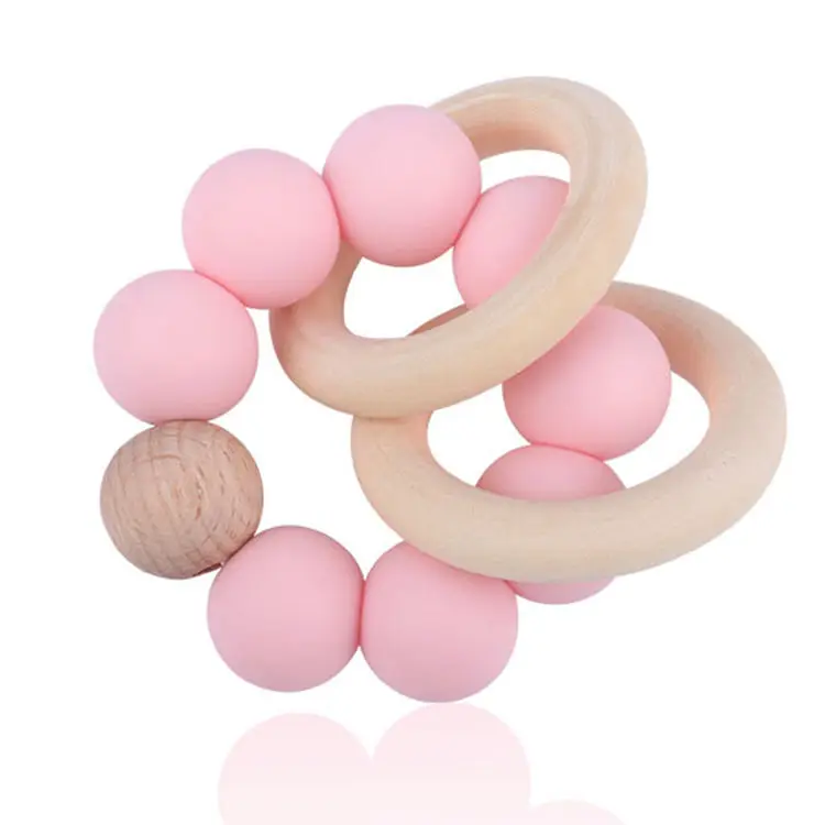 Infant teether bracelet safe organic bracelet wristband teething toys baby kids silicone wooden ring teether toys